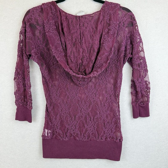 Vanity Y2K Burgundy Women's Grunge Sheer Lace 3/4 Sleeved Hoodie Cowl Neck Sz M - Picture 8 of 8
